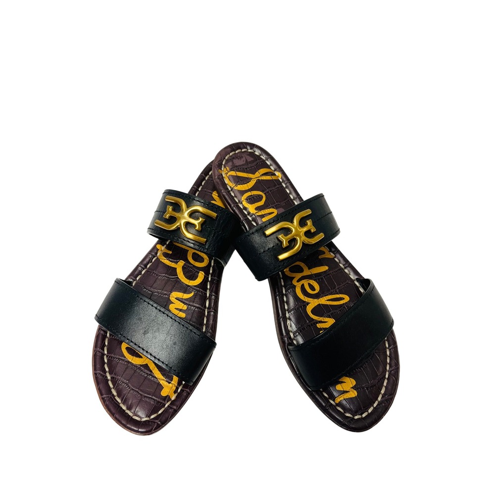 Sam Edelman Gilles Bay Slide Sandals 8.5 Black Leather Croc Embossed Gold Logo